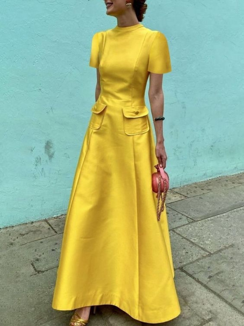 STYLEWE Silky A-Line Bright Yellow Party & Cocktail Maxi Dress Short Sleeve